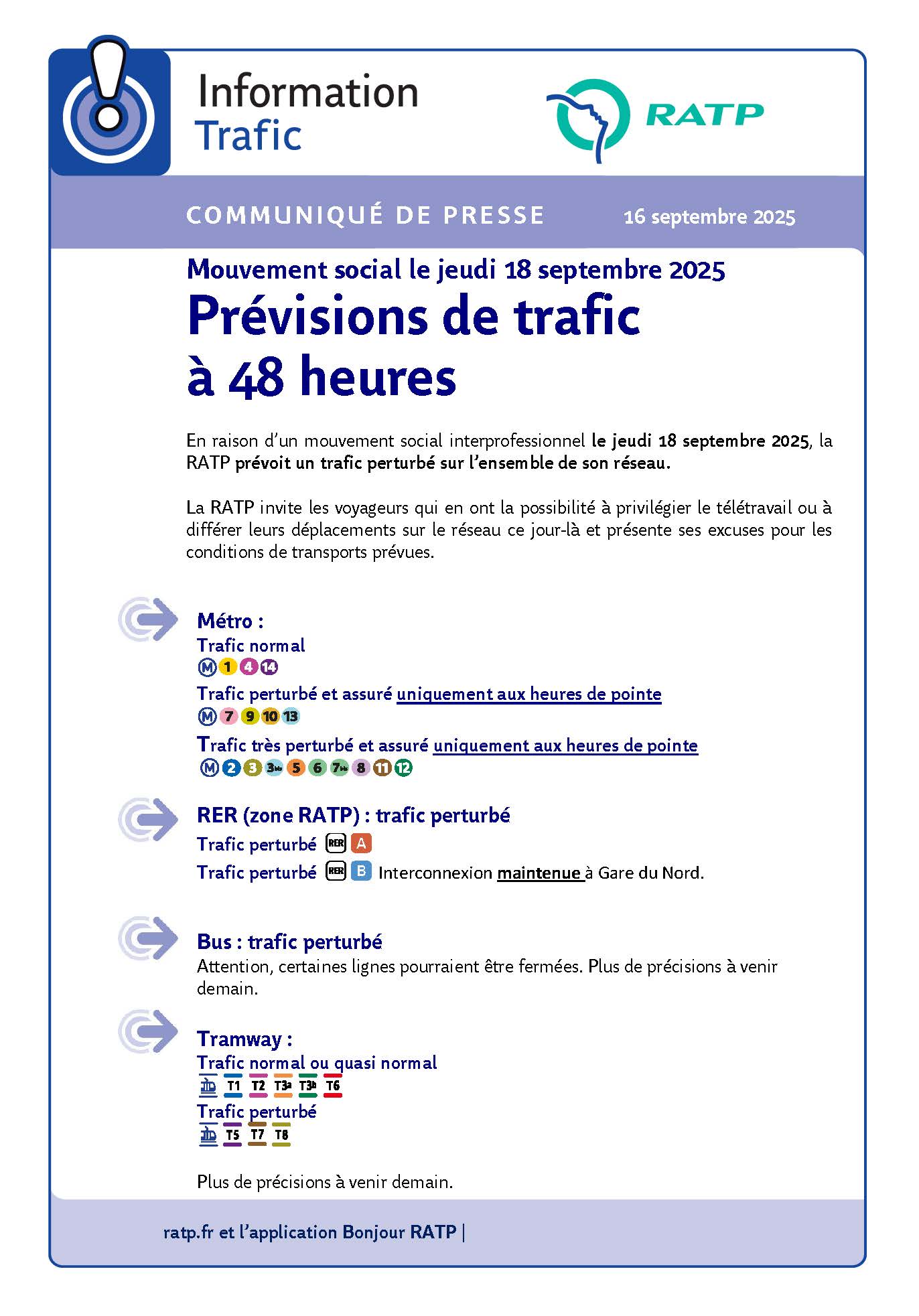La RATP annonce un trafic perturbé sur l’ensemble de son réseau ce ...